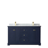 Avery 60 Inch Double Bathroom Vanity in Dark Blue, White Carrara Marble Countertop, Undermount Square Sinks, and No Mirror
