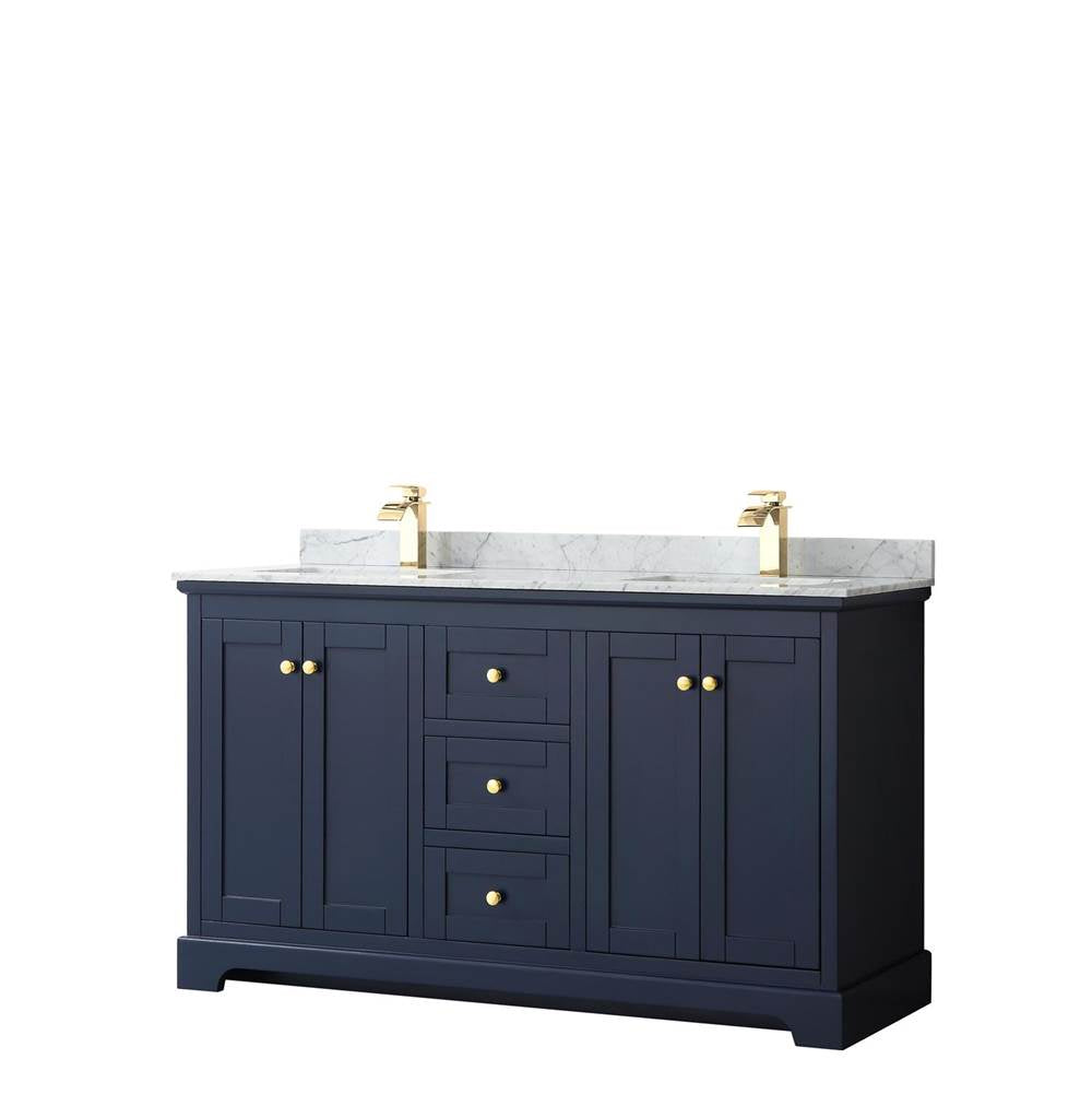 Wyndham Collection - Avery 60 Inch Double Bathroom Vanity in Dark Blue, White Carrara Marble Countertop, Undermount Square Sinks, and No Mirror - Dark Blue