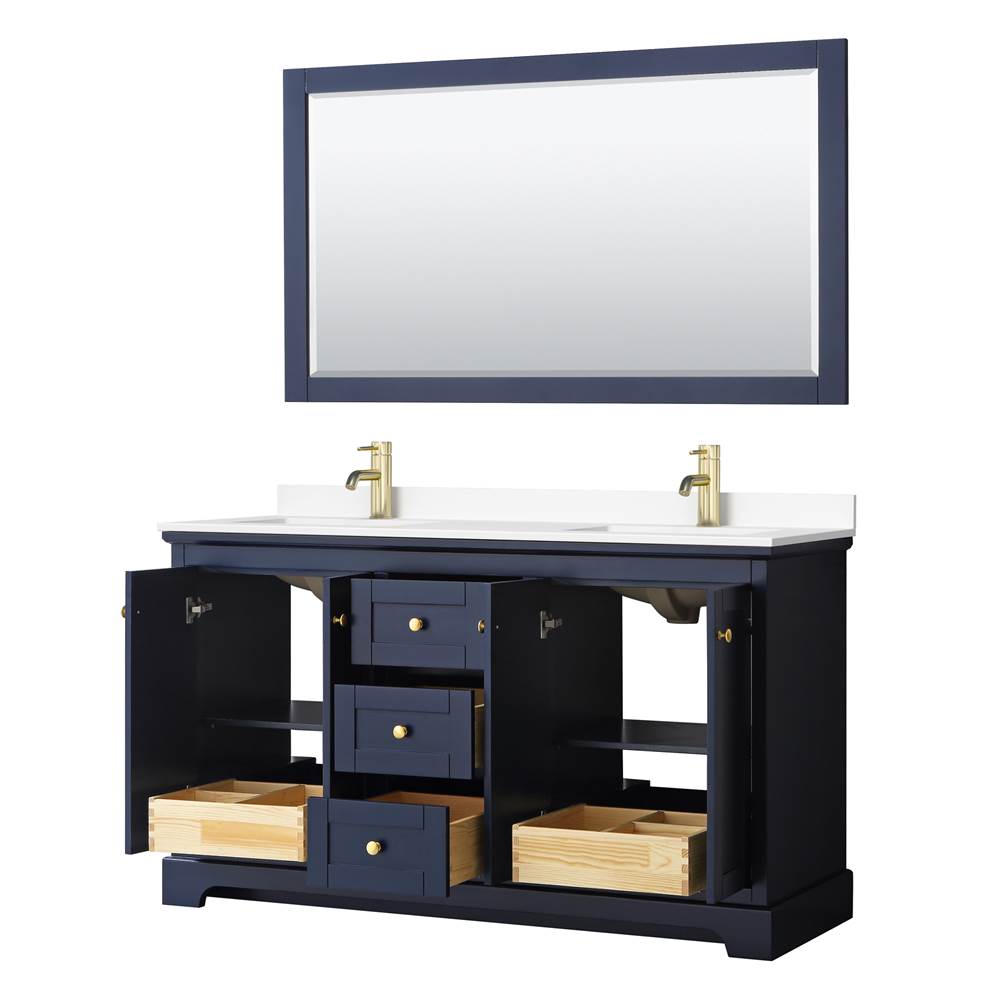 Avery 60 Inch Double Bathroom Vanity in Dark Blue, White Cultured Marble Countertop, Undermount Square Sinks, 58 Inch Mirror