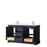 Avery 60 Inch Double Bathroom Vanity in Dark Blue, White Cultured Marble Countertop, Undermount Square Sinks, No Mirror
