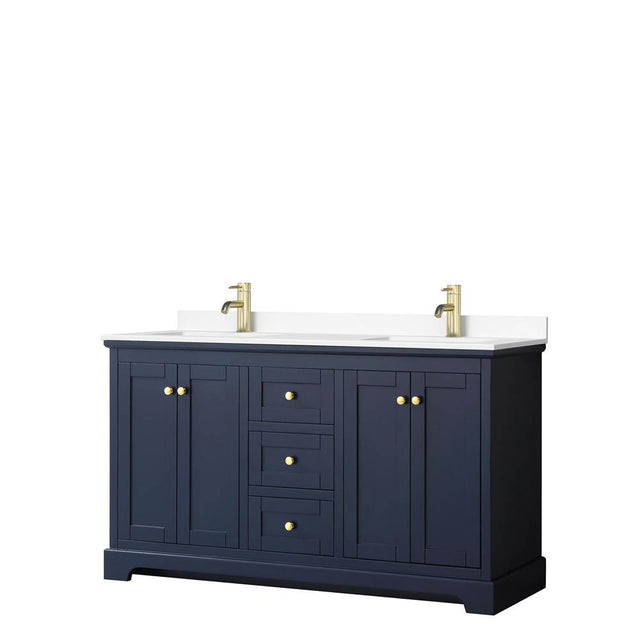 Wyndham Collection - Avery 60 Inch Double Bathroom Vanity in Dark Blue, White Cultured Marble Countertop, Undermount Square Sinks, No Mirror