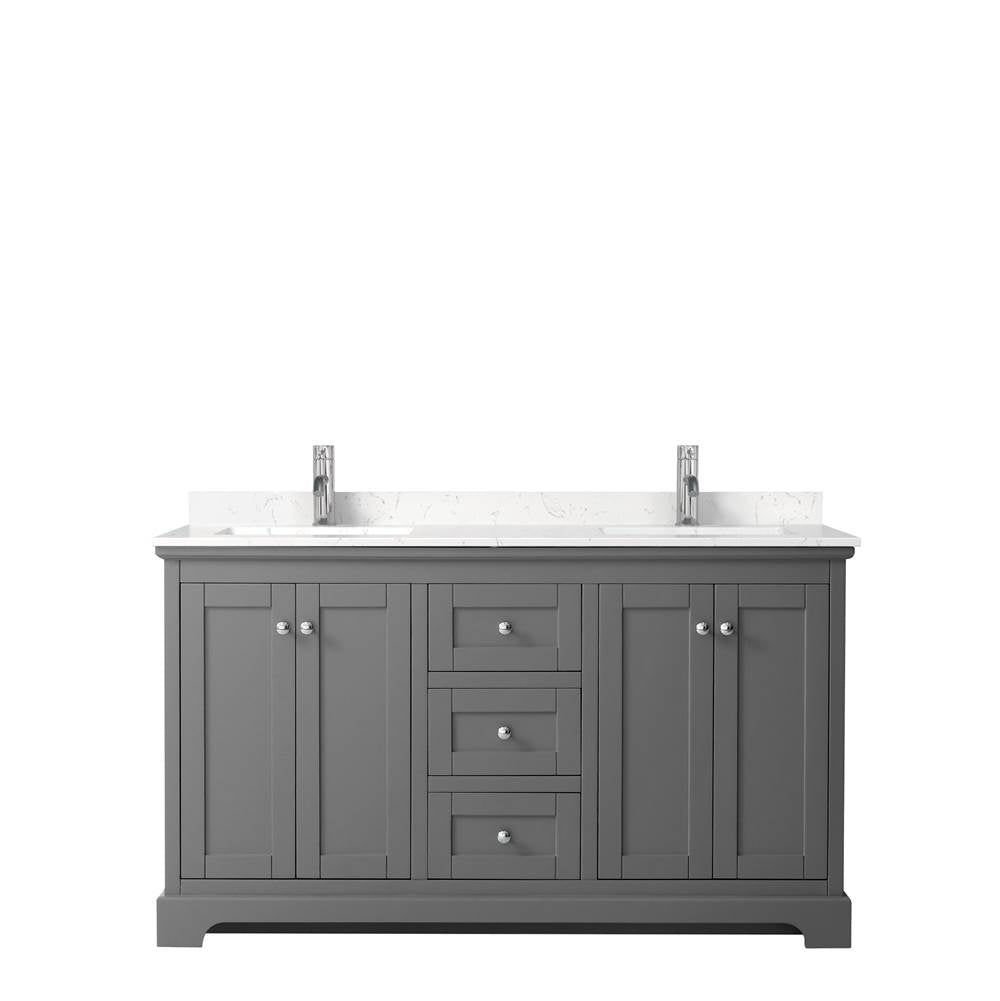 Avery 60 Inch Double Bathroom Vanity in Dark Gray, Carrara Cultured Marble Countertop, Undermount Square Sinks, No Mirror