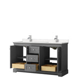 Avery 60 Inch Double Bathroom Vanity in Dark Gray, Carrara Cultured Marble Countertop, Undermount Square Sinks, No Mirror