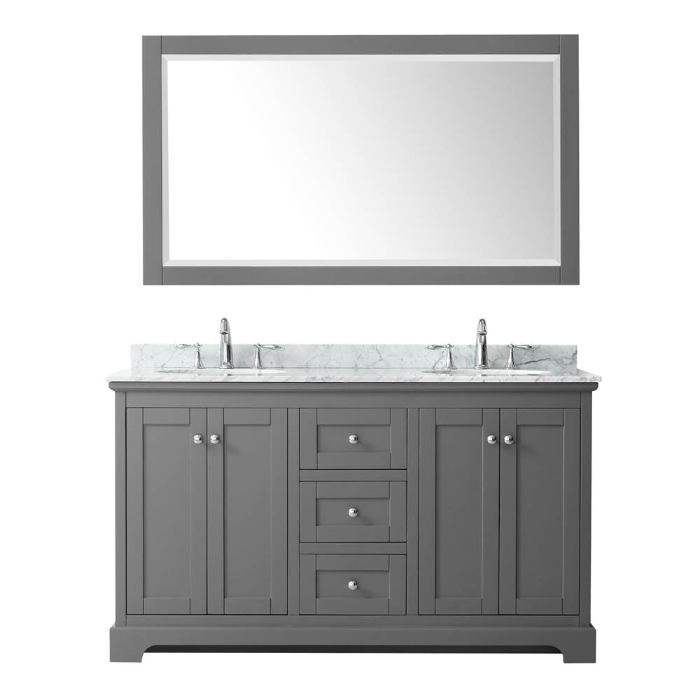 Avery 60 Inch Double Bathroom Vanity in Dark Blue, White Carrara Marble Countertop, Undermount Oval Sinks, and 58 Inch Mirror