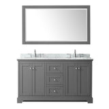 Avery 60 Inch Double Bathroom Vanity in Dark Blue, White Carrara Marble Countertop, Undermount Oval Sinks, and 58 Inch Mirror