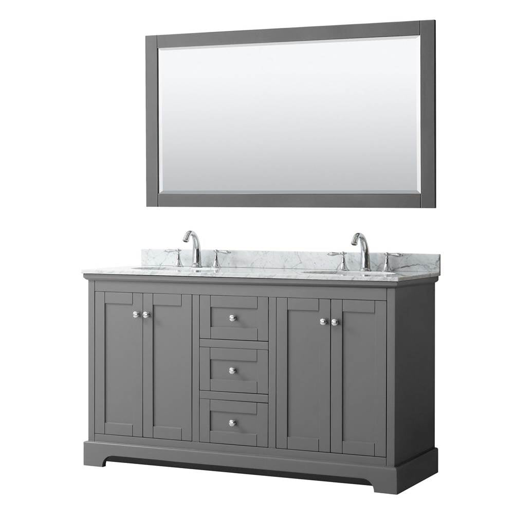 Wyndham Collection - Avery 60 Inch Double Bathroom Vanity in Dark Gray, White Carrara Marble Countertop, Undermount Oval Sinks, and 58 Inch Mirror - Dark Gray