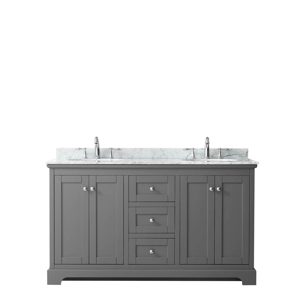 Avery 60 Inch Double Bathroom Vanity in Dark Blue, White Carrara Marble Countertop, Undermount Oval Sinks, and No Mirror