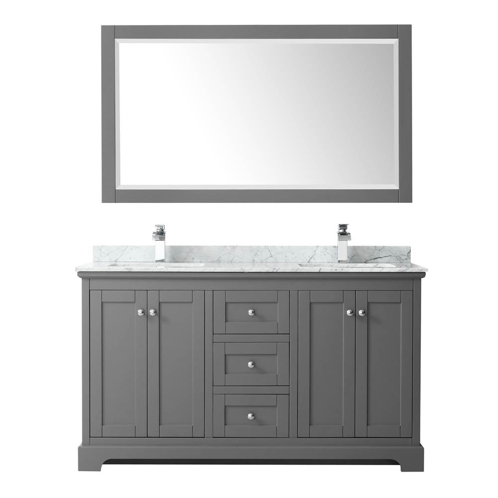Avery 60 Inch Double Bathroom Vanity in Dark Blue, White Carrara Marble Countertop, Undermount Square Sinks, and 58 Inch Mirror