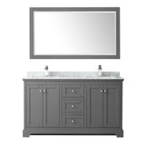 Avery 60 Inch Double Bathroom Vanity in Dark Blue, White Carrara Marble Countertop, Undermount Square Sinks, and 58 Inch Mirror