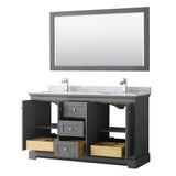 Avery 60 Inch Double Bathroom Vanity in Dark Blue, White Carrara Marble Countertop, Undermount Square Sinks, and 58 Inch Mirror