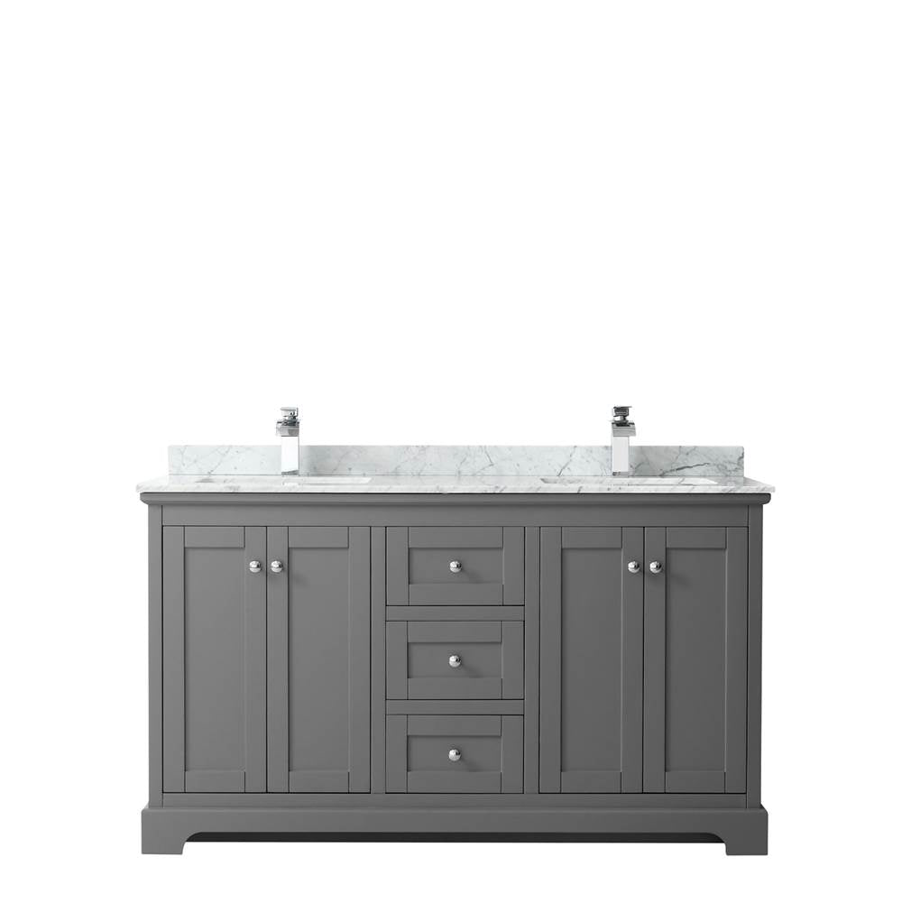 Avery 60 Inch Double Bathroom Vanity in Dark Blue, White Carrara Marble Countertop, Undermount Square Sinks, and No Mirror