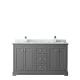 Avery 60 Inch Double Bathroom Vanity in Dark Blue, White Carrara Marble Countertop, Undermount Square Sinks, and No Mirror