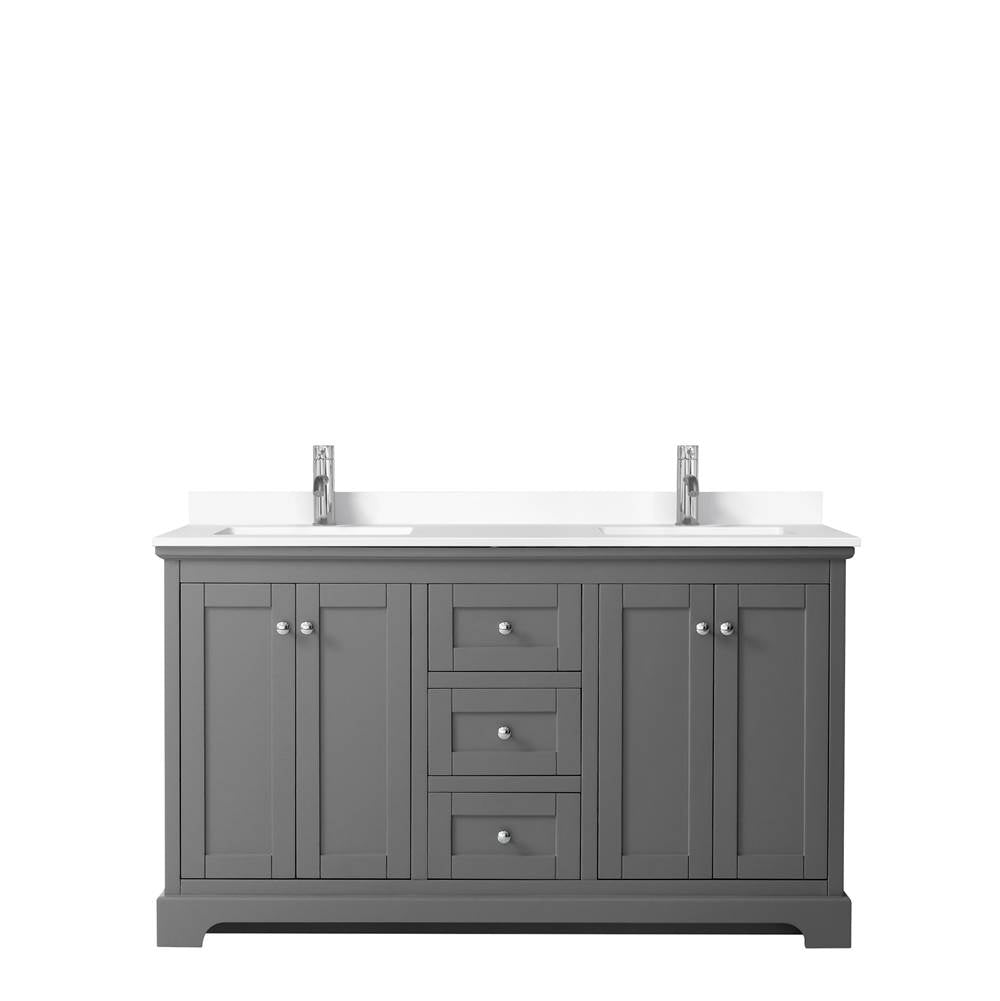 Avery 60 Inch Double Bathroom Vanity in Dark Gray, White Cultured Marble Countertop, Undermount Square Sinks, No Mirror