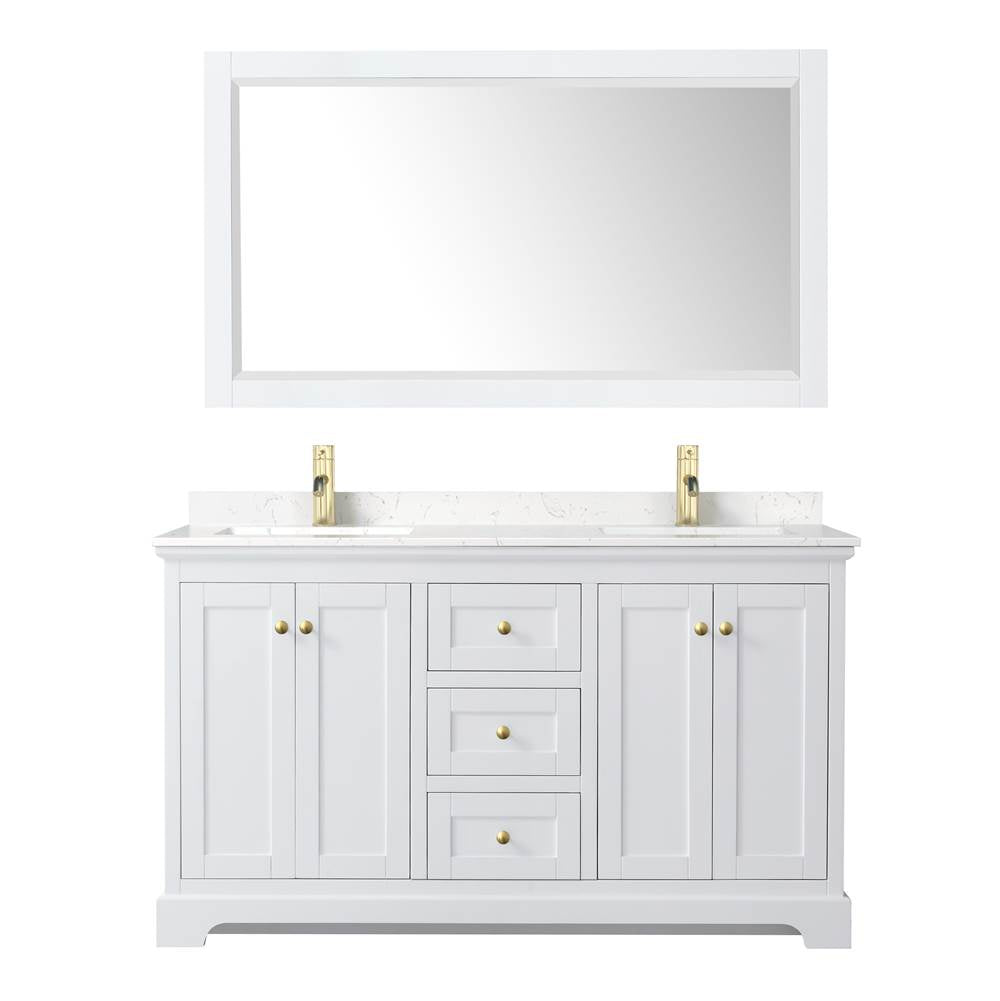 Avery 60 Inch Double Bathroom Vanity in White, Carrara Cultured Marble Countertop, Undermount Square Sinks, 58 Inch Mirror, Brushed Gold Trim