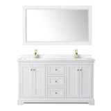 Avery 60 Inch Double Bathroom Vanity in White, Carrara Cultured Marble Countertop, Undermount Square Sinks, 58 Inch Mirror, Brushed Gold Trim