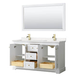 Avery 60 Inch Double Bathroom Vanity in White, Carrara Cultured Marble Countertop, Undermount Square Sinks, 58 Inch Mirror, Brushed Gold Trim