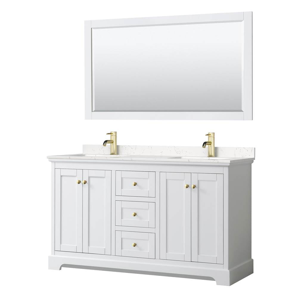 Wyndham Collection - Avery 60 Inch Double Bathroom Vanity in White, Carrara Cultured Marble Countertop, Undermount Square Sinks, 58 Inch Mirror, Brushed Gold Trim