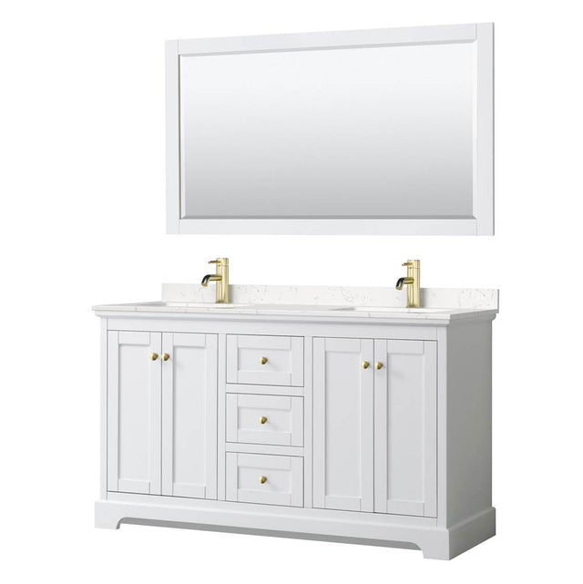 Wyndham Collection - Avery 60 Inch Double Bathroom Vanity in White, Carrara Cultured Marble Countertop, Undermount Square Sinks, 58 Inch Mirror, Brushed Gold Trim