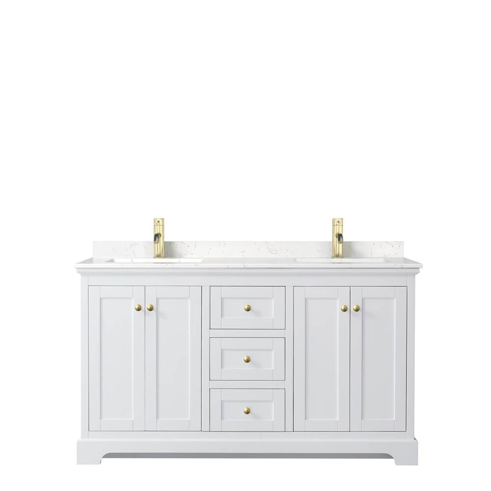 Avery 60 Inch Double Bathroom Vanity in White, Carrara Cultured Marble Countertop, Undermount Square Sinks, Brushed Gold Trim