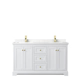 Avery 60 Inch Double Bathroom Vanity in White, Carrara Cultured Marble Countertop, Undermount Square Sinks, Brushed Gold Trim