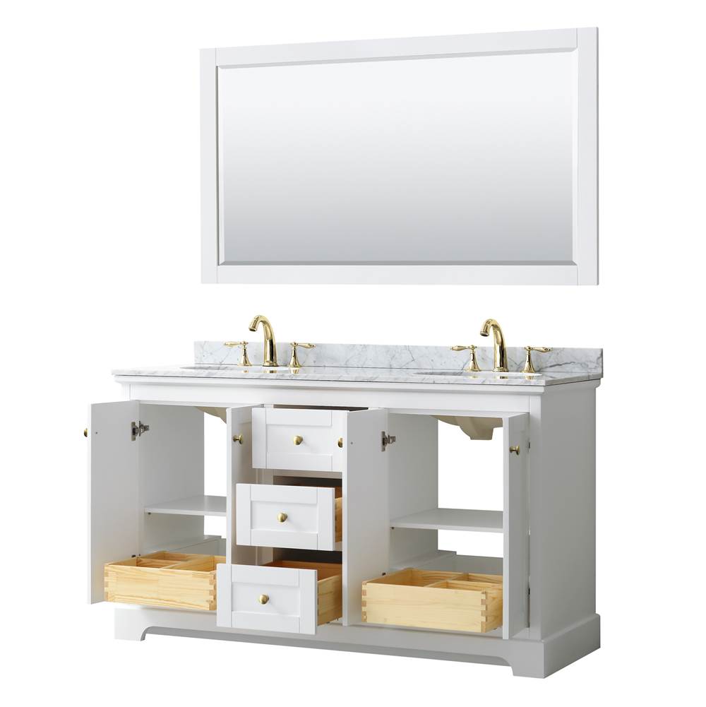 Avery 60 Inch Double Bathroom Vanity in White, White Carrara Marble Countertop, Undermount Oval Sinks, 58 Inch Mirror, Brushed Gold Trim
