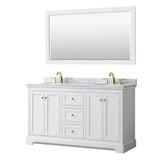 Wyndham Collection - Avery 60 Inch Double Bathroom Vanity in White, White Carrara Marble Countertop, Undermount Oval Sinks, 58 Inch Mirror, Brushed Gold Trim