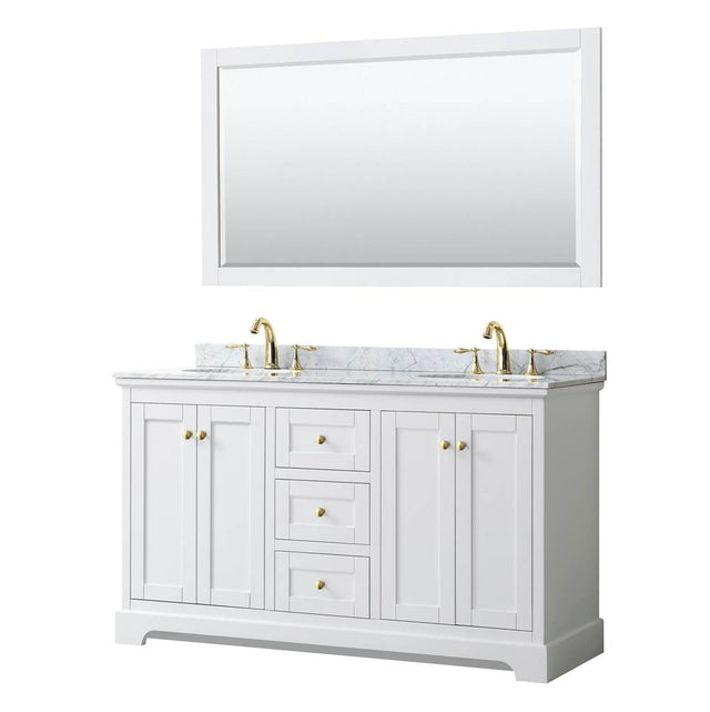 Wyndham Collection - Avery 60 Inch Double Bathroom Vanity in White, White Carrara Marble Countertop, Undermount Oval Sinks, 58 Inch Mirror, Brushed Gold Trim