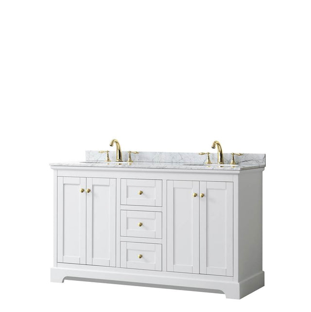 Wyndham Collection - Avery 60 Inch Double Bathroom Vanity in White, White Carrara Marble Countertop, Undermount Oval Sinks, Brushed Gold Trim