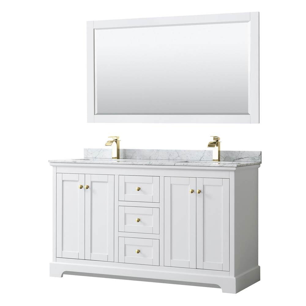 Wyndham Collection - Avery 60 Inch Double Bathroom Vanity in White, White Carrara Marble Countertop, Undermount Square Sinks, 58 Inch Mirror, Brushed Gold Trim