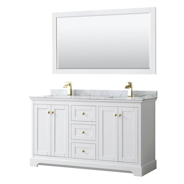 Wyndham Collection - Avery 60 Inch Double Bathroom Vanity in White, White Carrara Marble Countertop, Undermount Square Sinks, 58 Inch Mirror, Brushed Gold Trim
