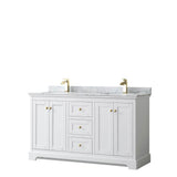 Wyndham Collection - Avery 60 Inch Double Bathroom Vanity in White, White Carrara Marble Countertop, Undermount Square Sinks, Brushed Gold Trim