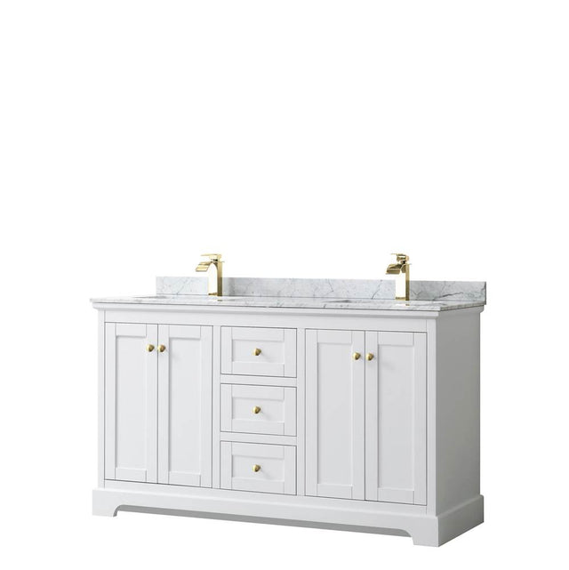 Wyndham Collection - Avery 60 Inch Double Bathroom Vanity in White, White Carrara Marble Countertop, Undermount Square Sinks, Brushed Gold Trim