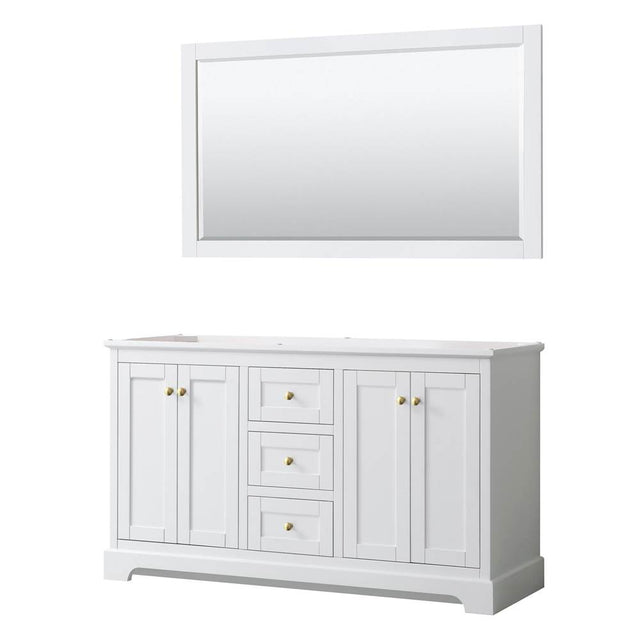 Wyndham Collection - Avery 60 Inch Double Bathroom Vanity in White, No Countertop, No Sinks, 58 Inch Mirror, Brushed Gold Trim