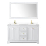 Avery 60 Inch Double Bathroom Vanity in White, White Cultured Marble Countertop, Undermount Square Sinks, 58 Inch Mirror, Brushed Gold Trim