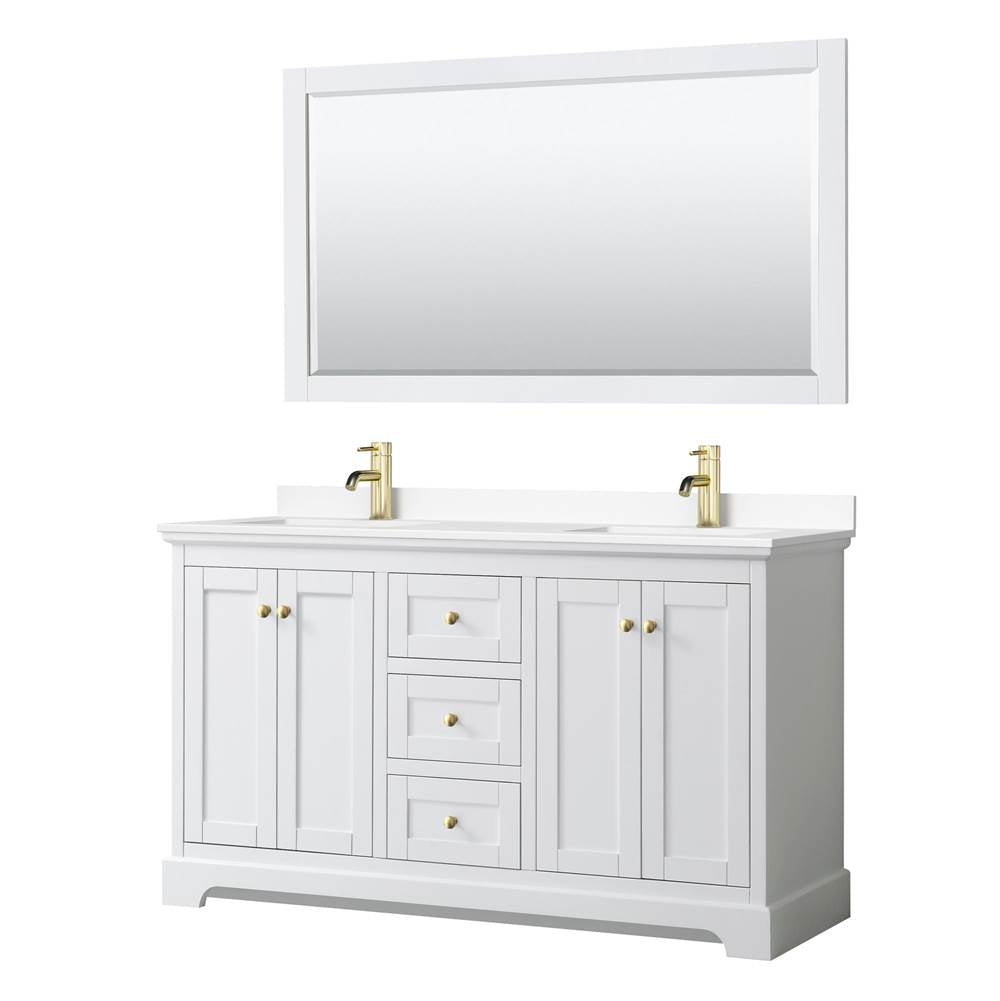 Wyndham Collection - Avery 60 Inch Double Bathroom Vanity in White, White Cultured Marble Countertop, Undermount Square Sinks, 58 Inch Mirror, Brushed Gold Trim