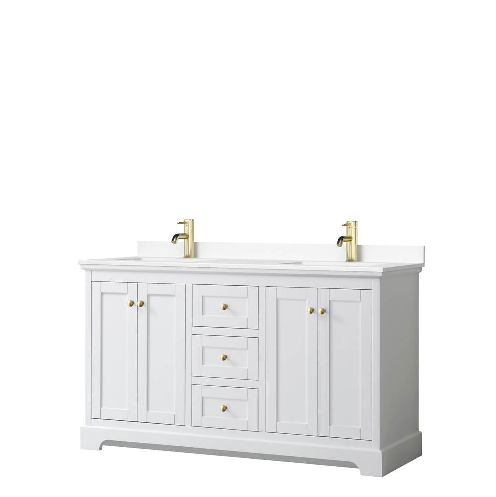 Wyndham Collection - Avery 60 Inch Double Bathroom Vanity in White, White Cultured Marble Countertop, Undermount Square Sinks, Brushed Gold Trim