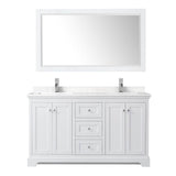 Avery 60 Inch Double Bathroom Vanity in White, Carrara Cultured Marble Countertop, Undermount Square Sinks, 58 Inch Mirror