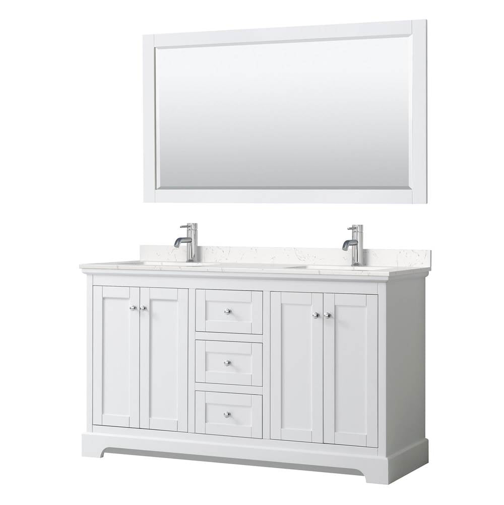 Wyndham Collection - Avery 60 Inch Double Bathroom Vanity in White, Carrara Cultured Marble Countertop, Undermount Square Sinks, 58 Inch Mirror