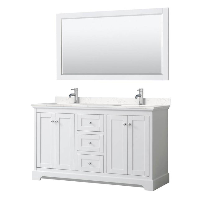 Wyndham Collection - Avery 60 Inch Double Bathroom Vanity in White, Carrara Cultured Marble Countertop, Undermount Square Sinks, 58 Inch Mirror