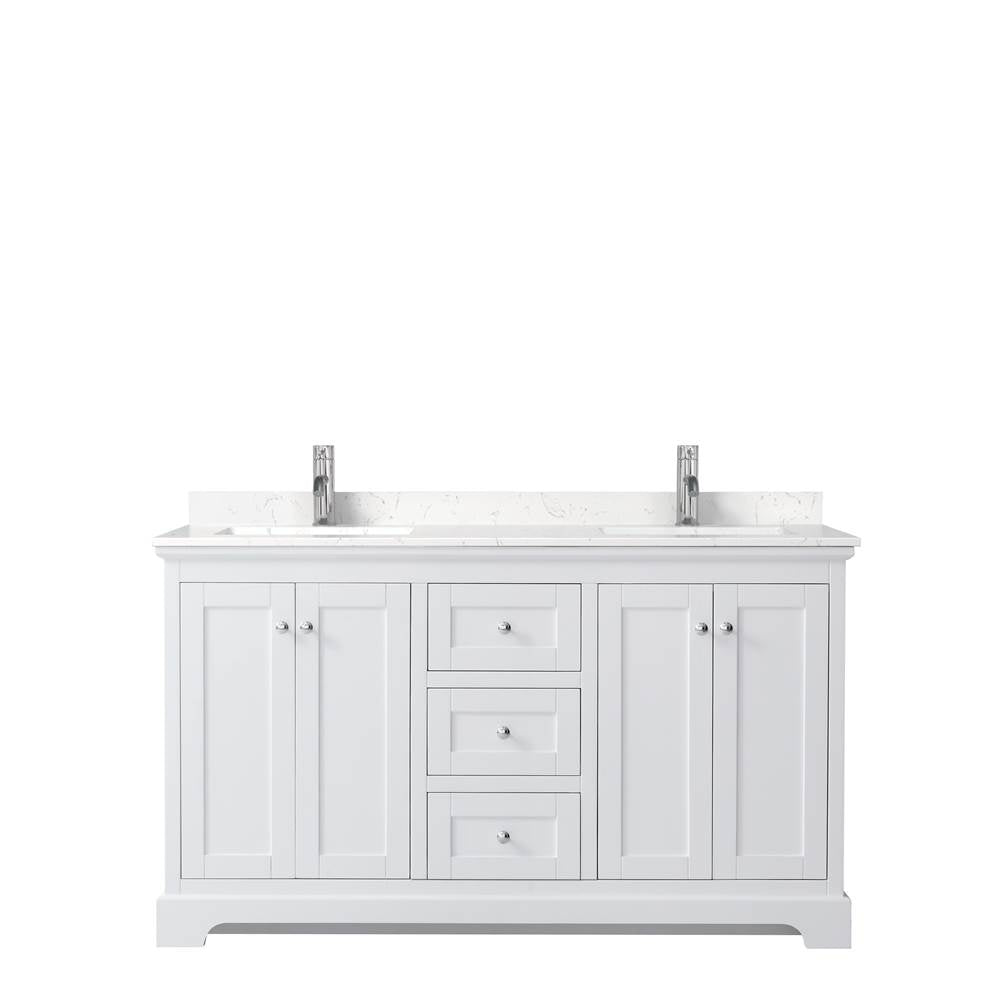 Avery 60 Inch Double Bathroom Vanity in White, Carrara Cultured Marble Countertop, Undermount Square Sinks, No Mirror