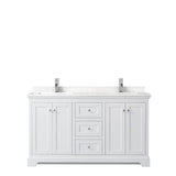 Avery 60 Inch Double Bathroom Vanity in White, Carrara Cultured Marble Countertop, Undermount Square Sinks, No Mirror
