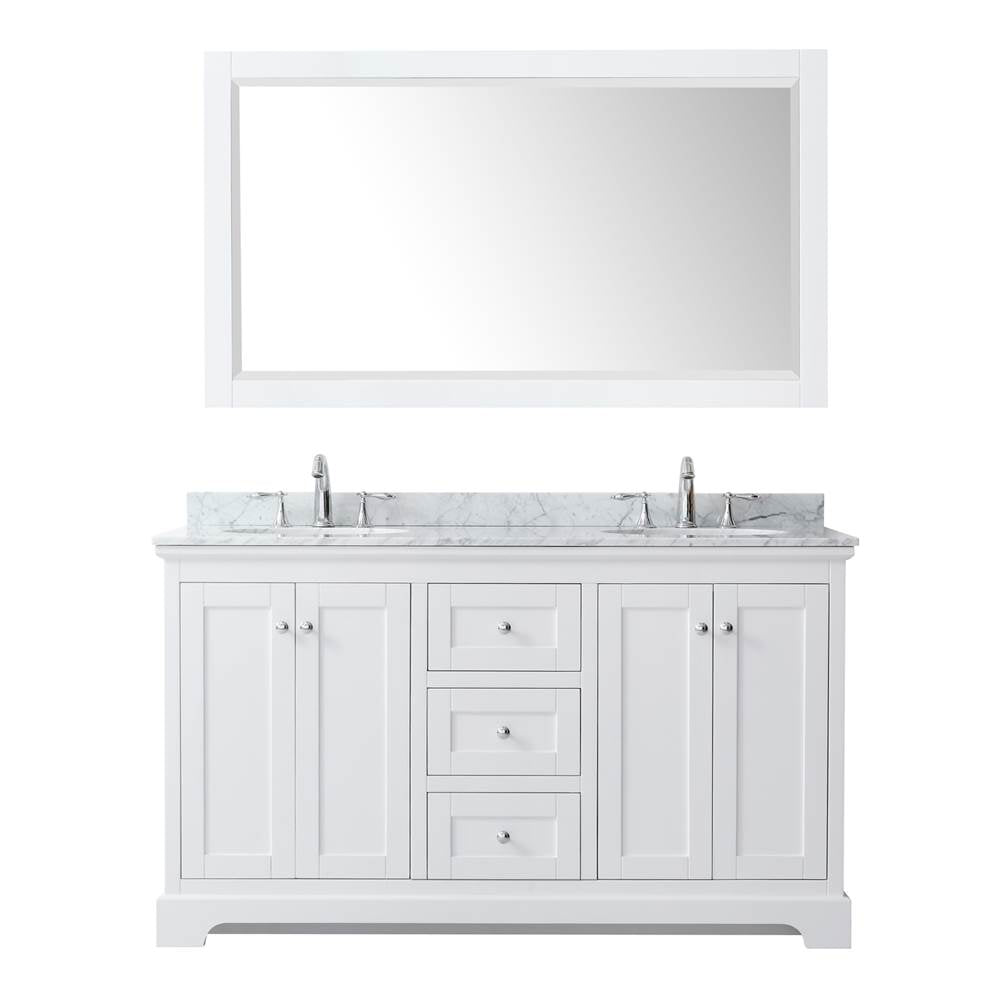 Avery 60 Inch Double Bathroom Vanity in Dark Blue, White Carrara Marble Countertop, Undermount Oval Sinks, and 58 Inch Mirror