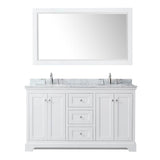 Avery 60 Inch Double Bathroom Vanity in Dark Blue, White Carrara Marble Countertop, Undermount Oval Sinks, and 58 Inch Mirror