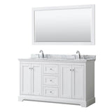 Wyndham Collection - Avery 60 Inch Double Bathroom Vanity in White, White Carrara Marble Countertop, Undermount Oval Sinks, and 58 Inch Mirror - White