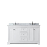 Avery 60 Inch Double Bathroom Vanity in Dark Blue, White Carrara Marble Countertop, Undermount Oval Sinks, and No Mirror