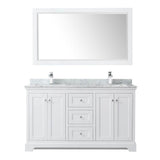 Avery 60 Inch Double Bathroom Vanity in Dark Blue, White Carrara Marble Countertop, Undermount Square Sinks, and 58 Inch Mirror