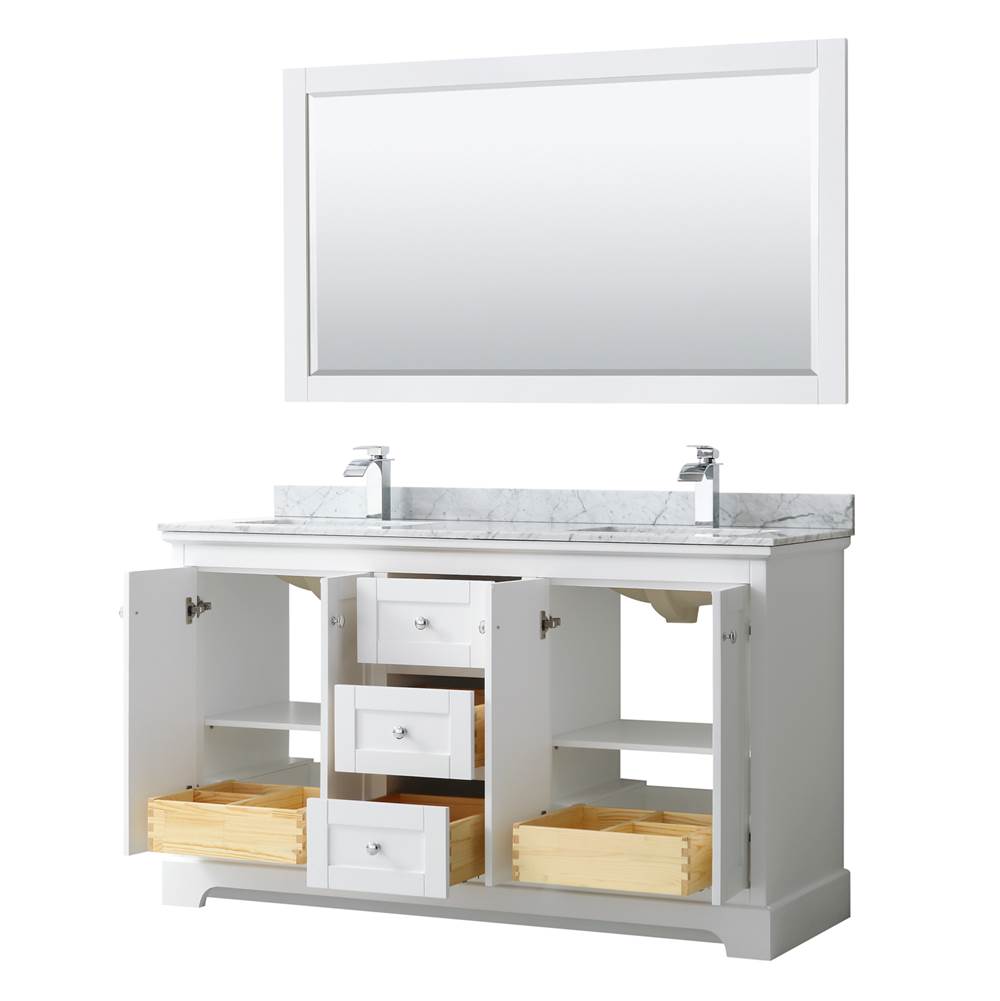 Avery 60 Inch Double Bathroom Vanity in Dark Blue, White Carrara Marble Countertop, Undermount Square Sinks, and 58 Inch Mirror