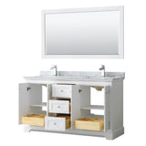 Avery 60 Inch Double Bathroom Vanity in Dark Blue, White Carrara Marble Countertop, Undermount Square Sinks, and 58 Inch Mirror