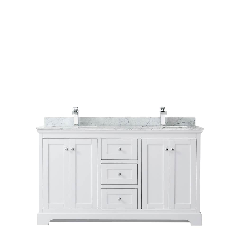 Avery 60 Inch Double Bathroom Vanity in Dark Blue, White Carrara Marble Countertop, Undermount Square Sinks, and No Mirror