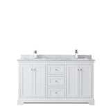 Avery 60 Inch Double Bathroom Vanity in Dark Blue, White Carrara Marble Countertop, Undermount Square Sinks, and No Mirror